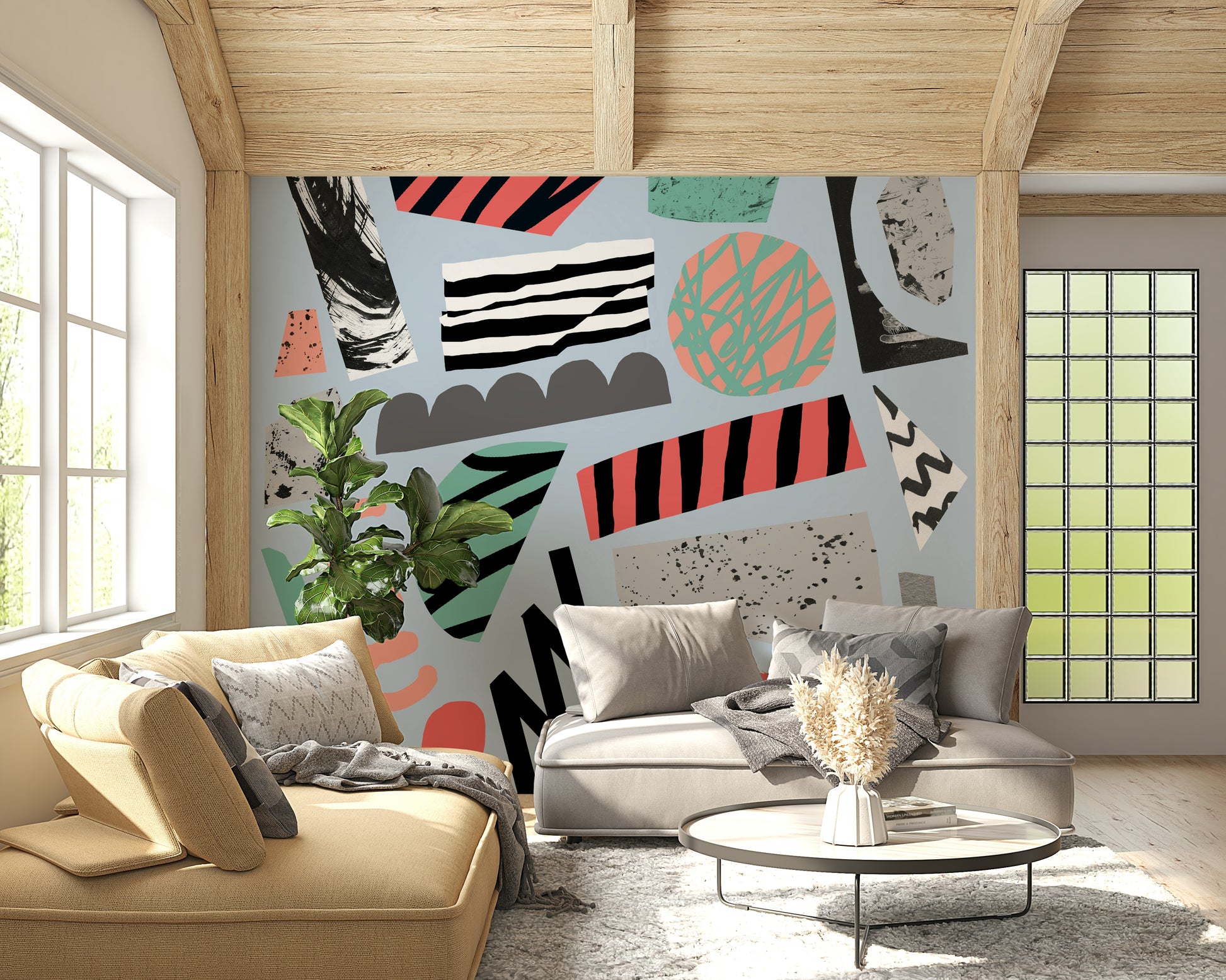 A graceful subtle pattern wall mural in cool, natural tones.