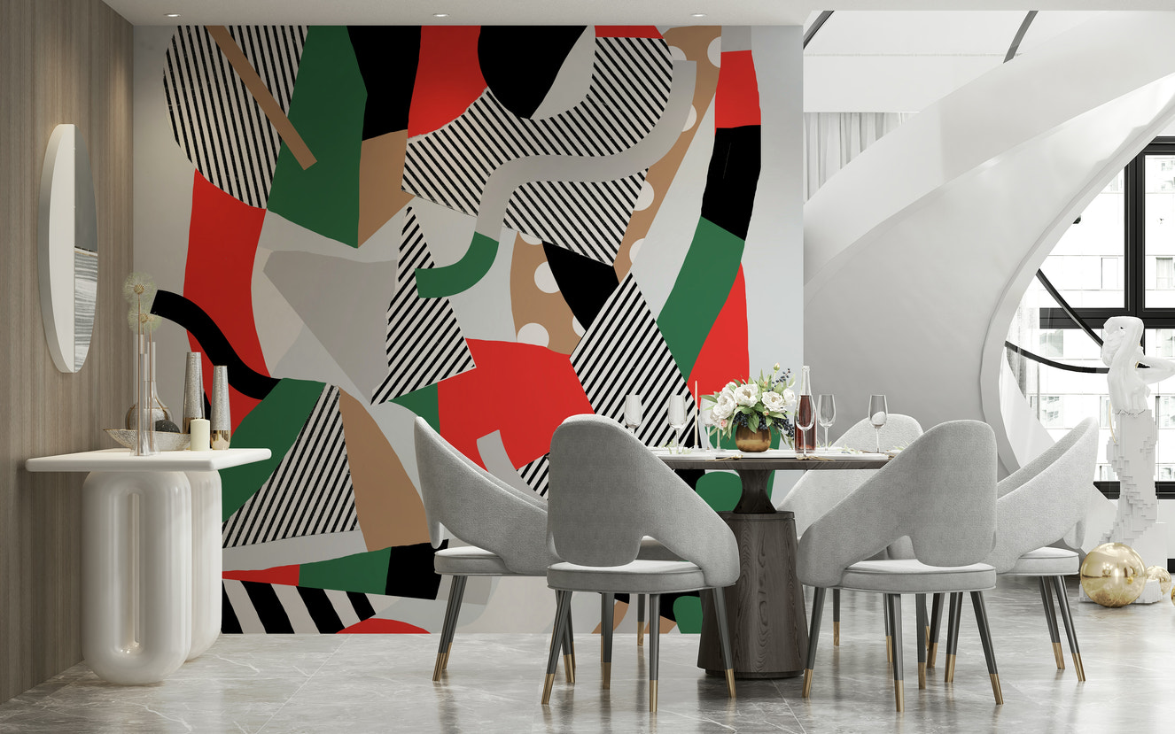 A beautiful abstract pop art wallpaper mural with a tomato juice theme.