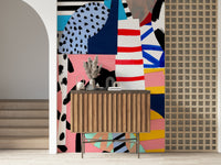 A beautiful abstract collage wallpaper mural with fragmented shapes.