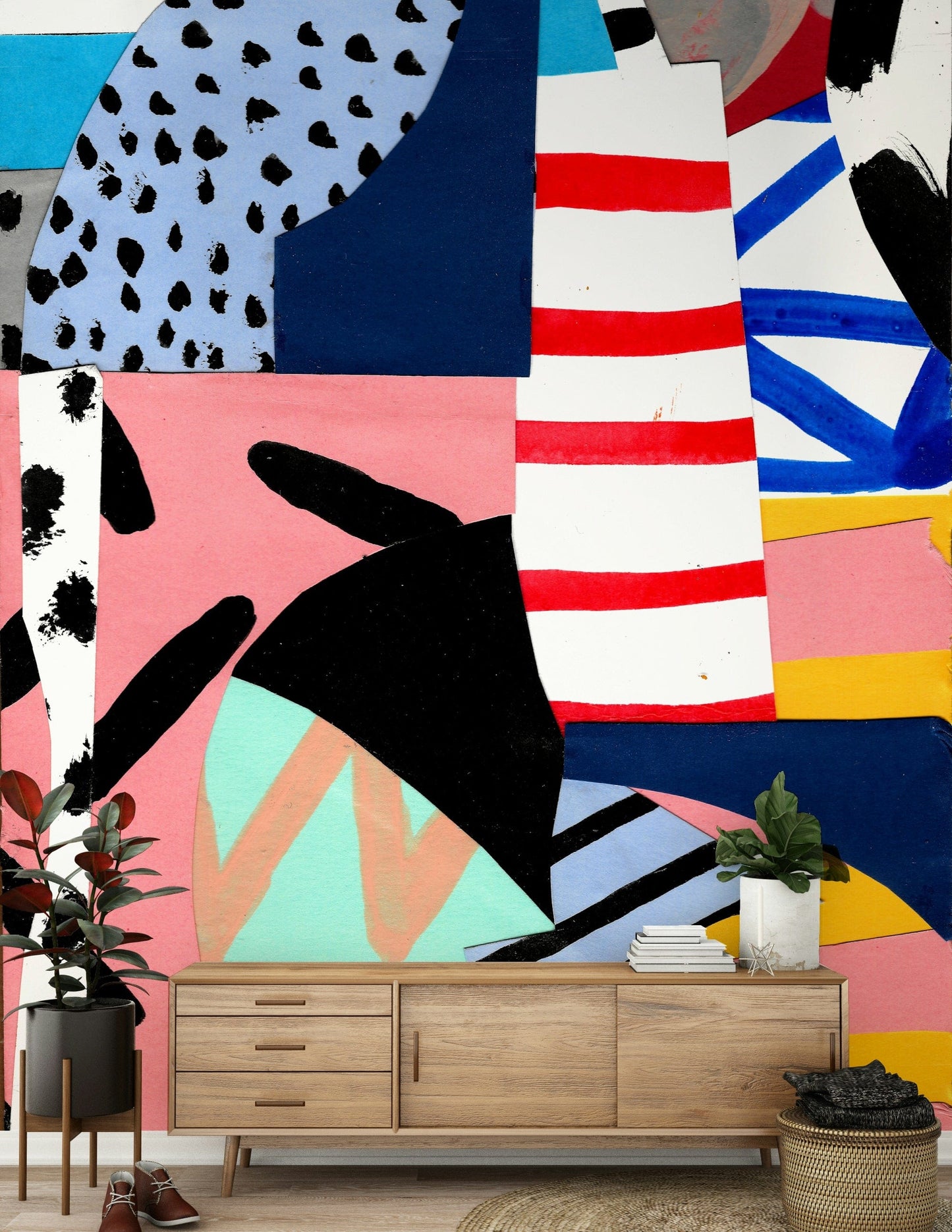 An artistic cut and paste mural on minimalist wallpaper.