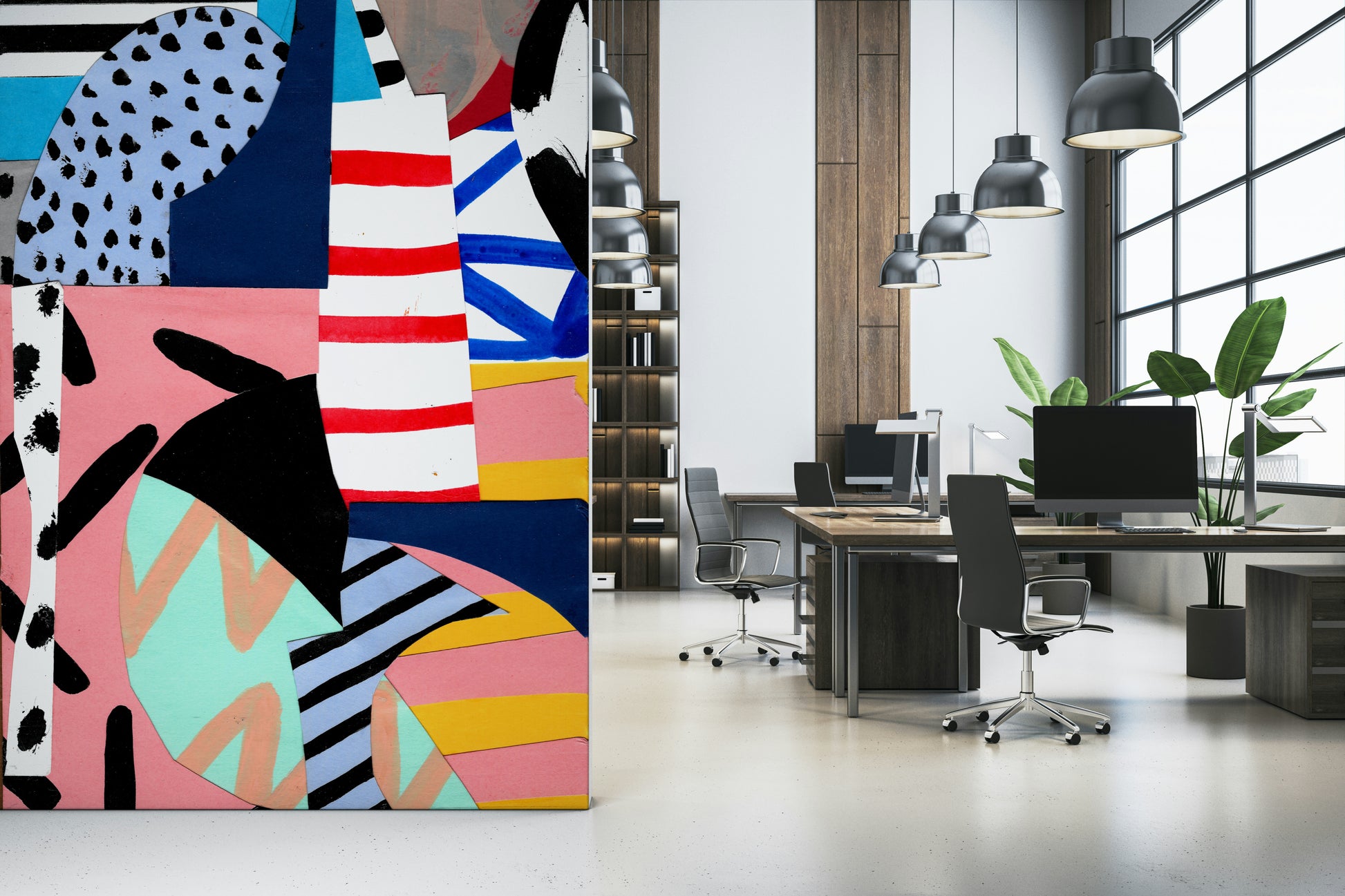 A peaceful modern abstract mural on decorative wallpaper.