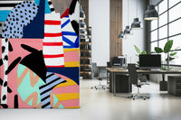 A peaceful modern abstract mural on decorative wallpaper.
