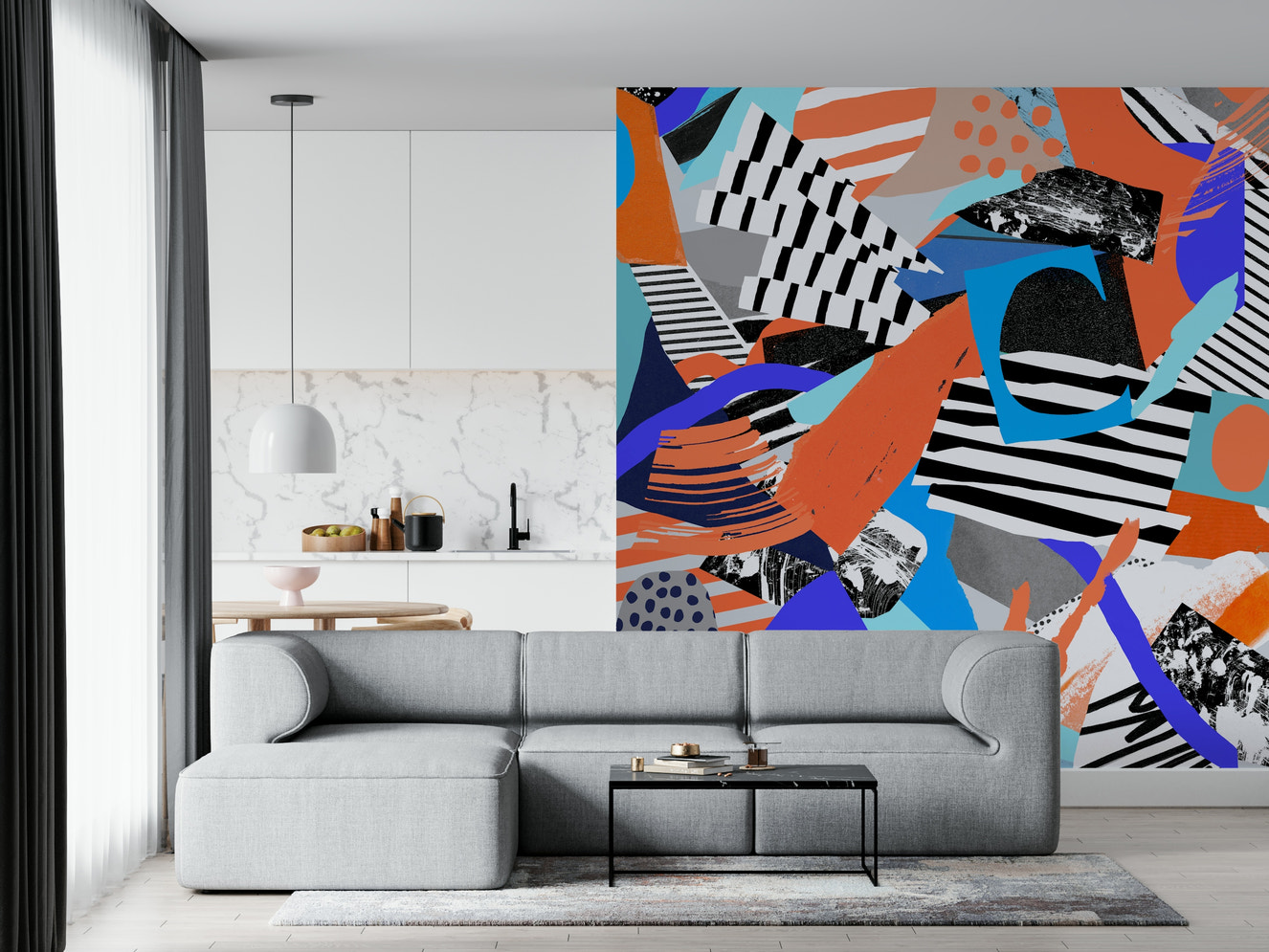 A beautiful abstract art wallpaper mural in bright, orange and yellow tones.