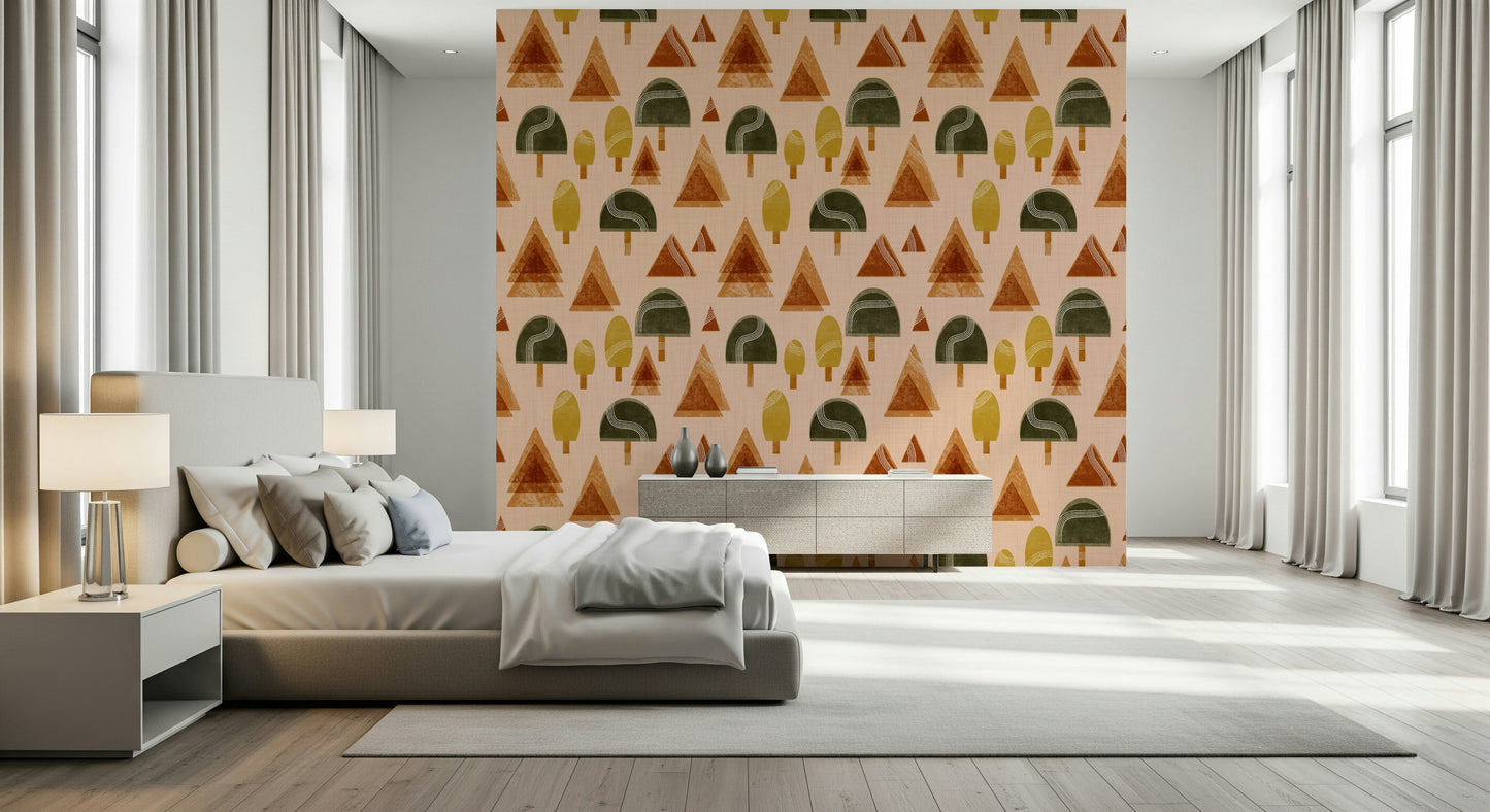 An artistic mid-century tree mural on minimalist wallpaper.