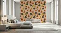 An artistic mid-century tree mural on minimalist wallpaper.