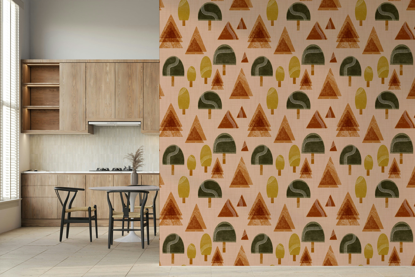 A beautiful retro woodland wallpaper mural with geometric, mid-century modern trees in blush pink.