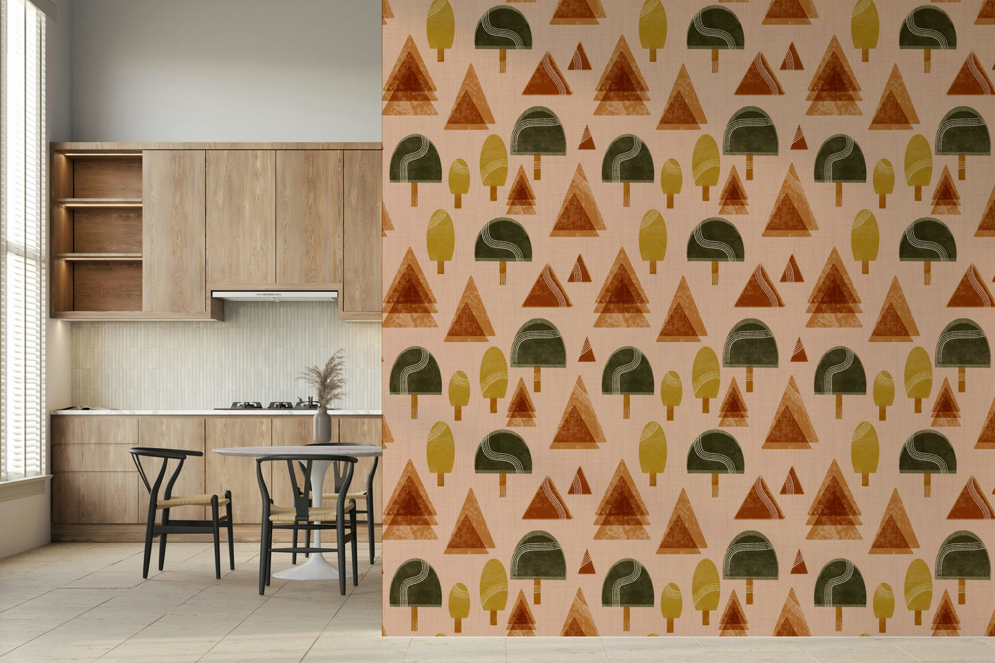 A beautiful retro woodland wallpaper mural with geometric, mid-century modern trees in blush pink.