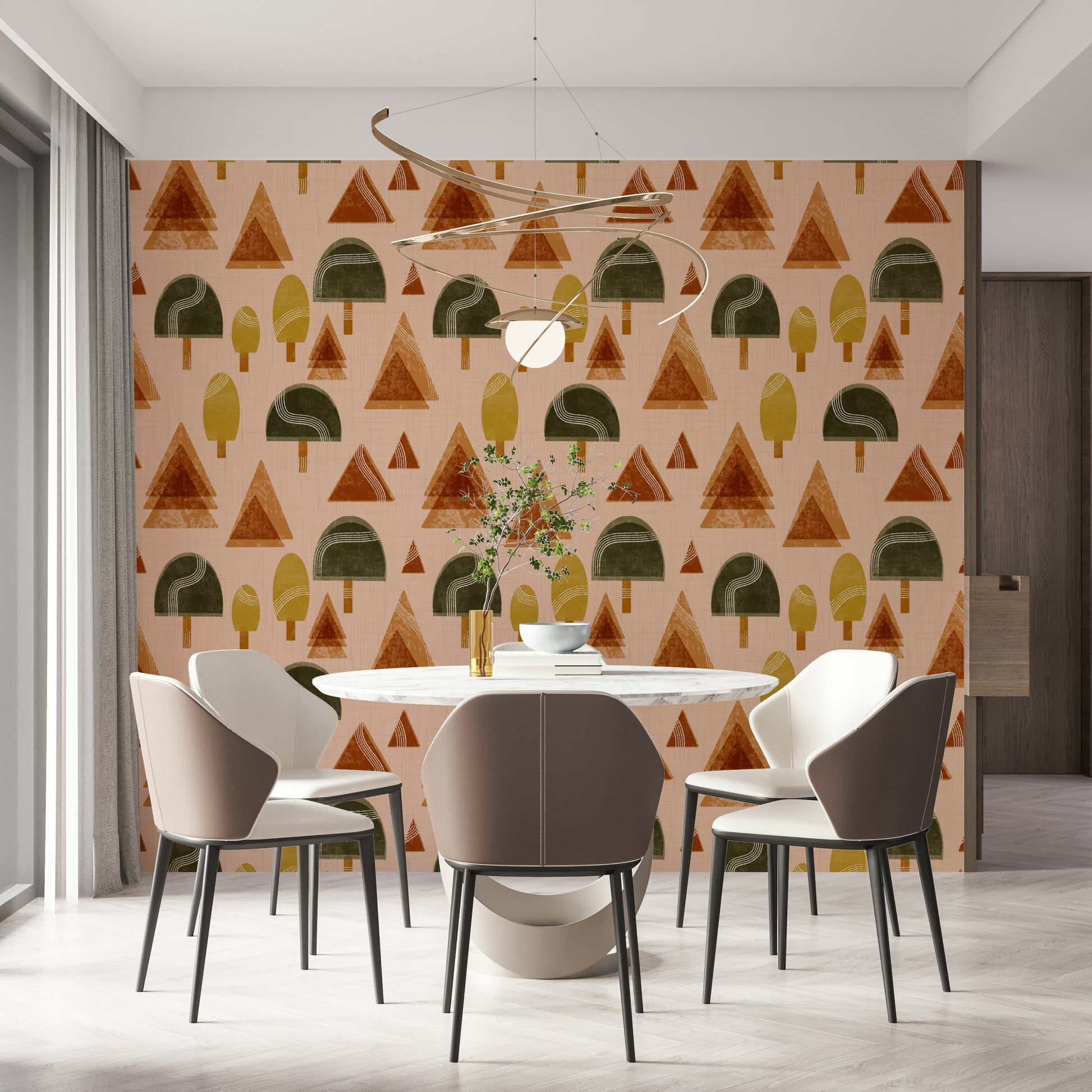 A peaceful retro geometric mural on decorative wallpaper.