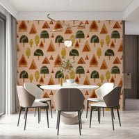 A peaceful retro geometric mural on decorative wallpaper.