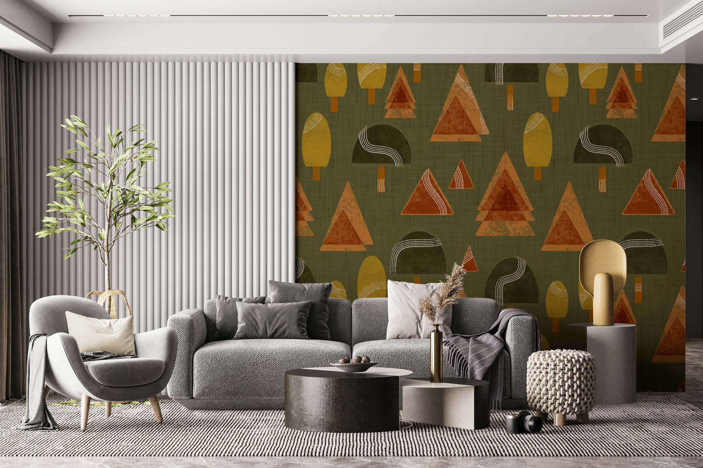 A beautiful retro woodland wallpaper mural with olive and blush tones.