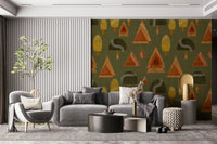A beautiful retro woodland wallpaper mural with olive and blush tones.