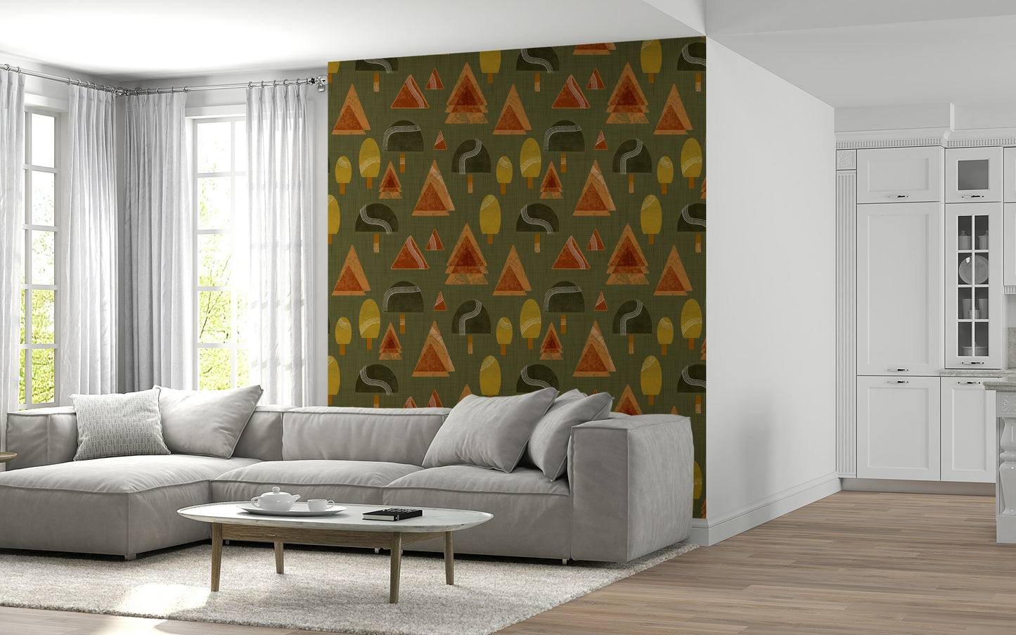 A calming abstract design wallpaper mural that defines a space.