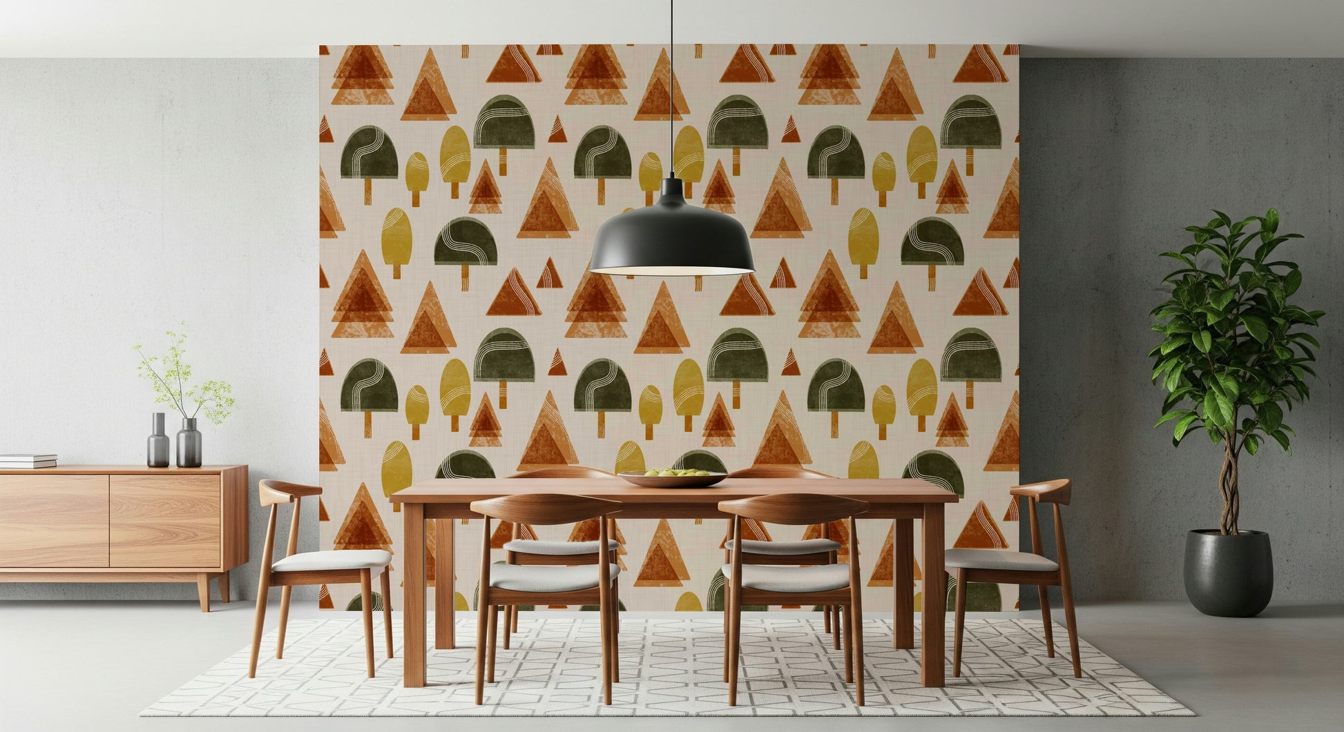 A peaceful retro geometric mural on decorative wallpaper.