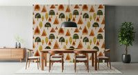 A peaceful retro geometric mural on decorative wallpaper.