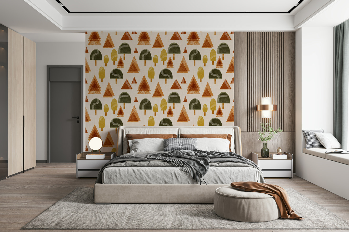 A beautiful retro woodland wallpaper mural with geometric, mid-century modern trees.