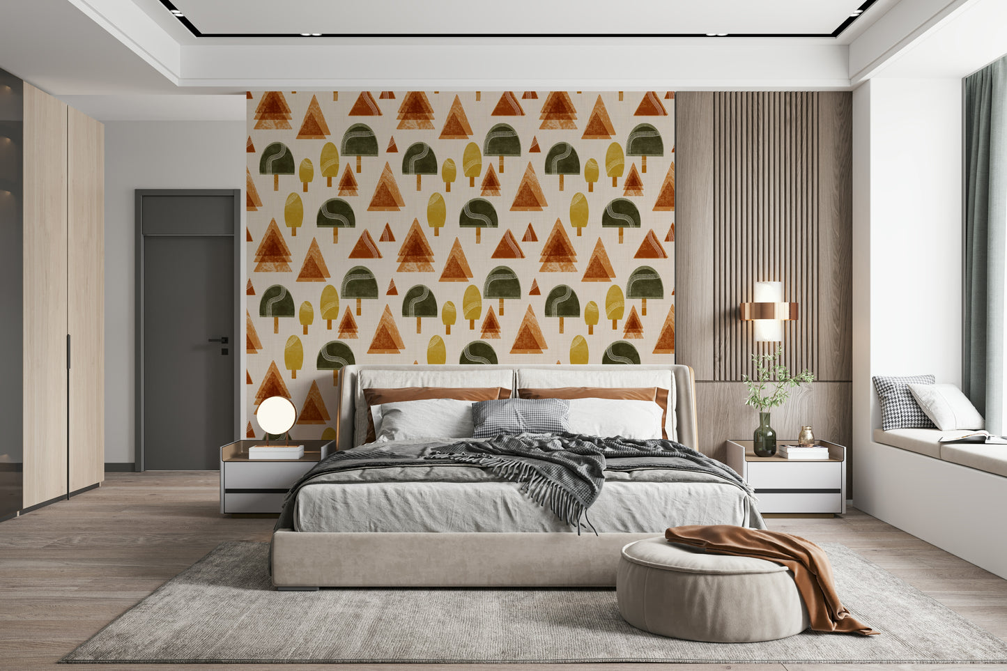 A beautiful retro woodland wallpaper mural with geometric, mid-century modern trees.