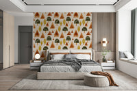 A beautiful retro woodland wallpaper mural with geometric, mid-century modern trees.
