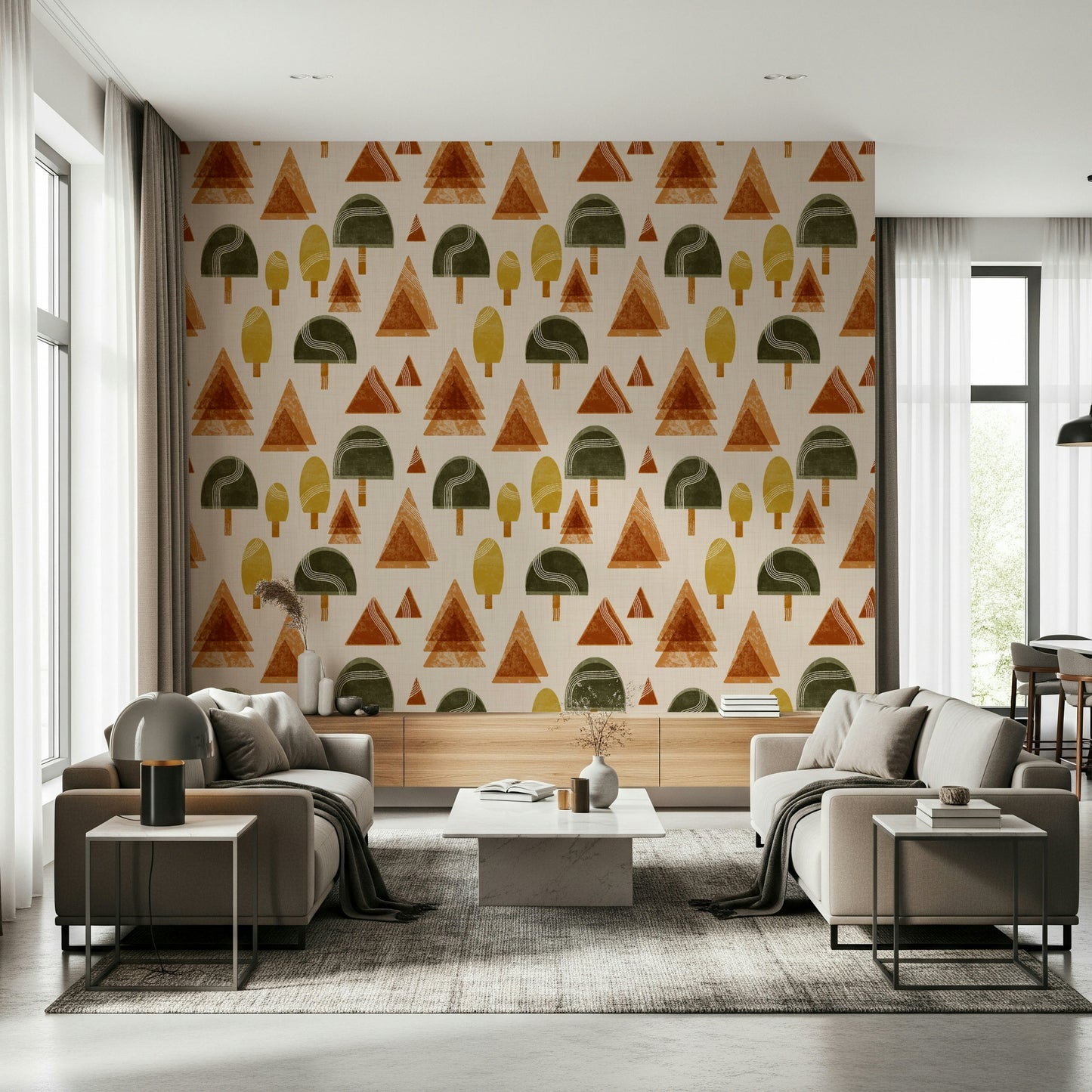 A beautiful modern art wall mural of stylized trees.