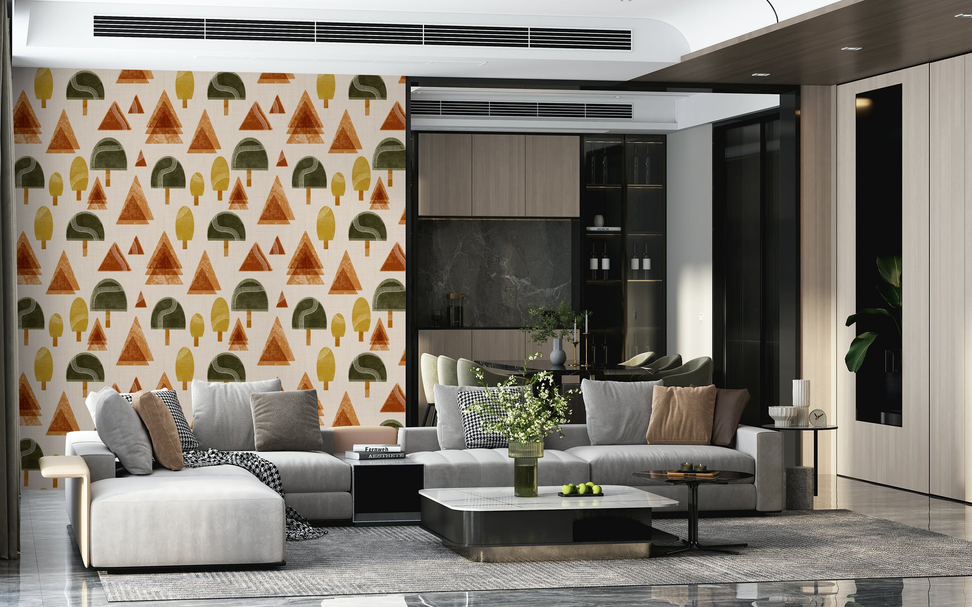 An artistic mid-century tree mural on minimalist wallpaper.