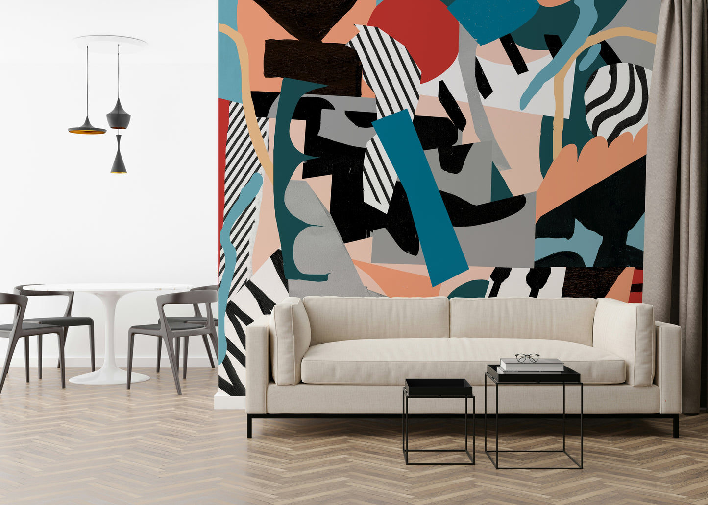 An artistic freestyle design mural on minimalist wallpaper.