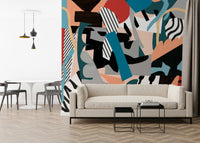 An artistic freestyle design mural on minimalist wallpaper.