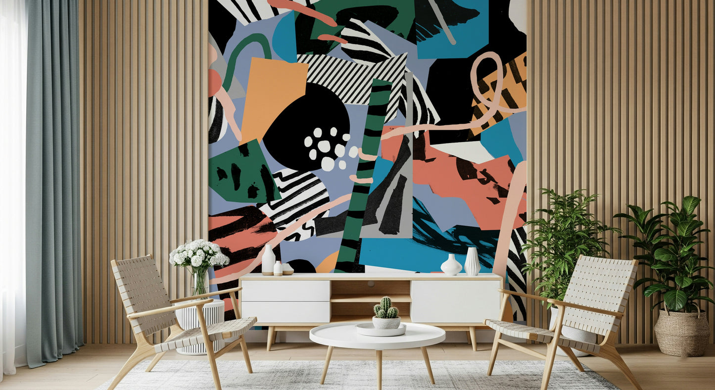 An artistic abstract block mural on minimalist wallpaper.