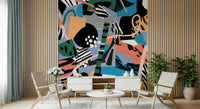 An artistic abstract block mural on minimalist wallpaper.
