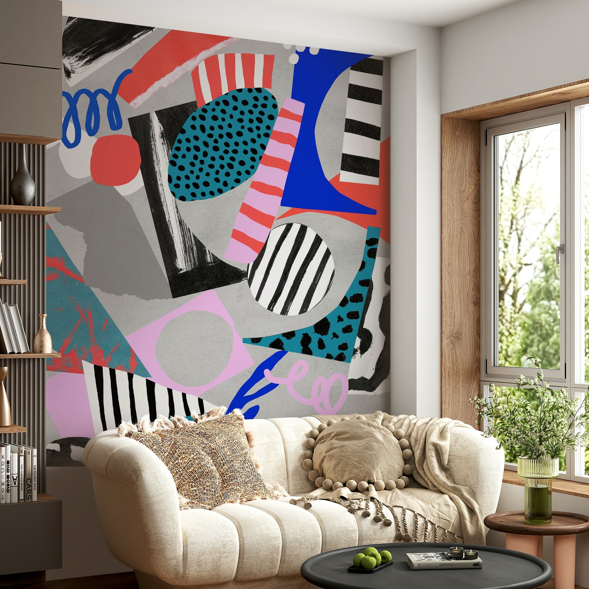 A peaceful modern abstract mural on decorative wallpaper.