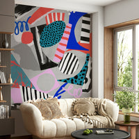A peaceful modern abstract mural on decorative wallpaper.