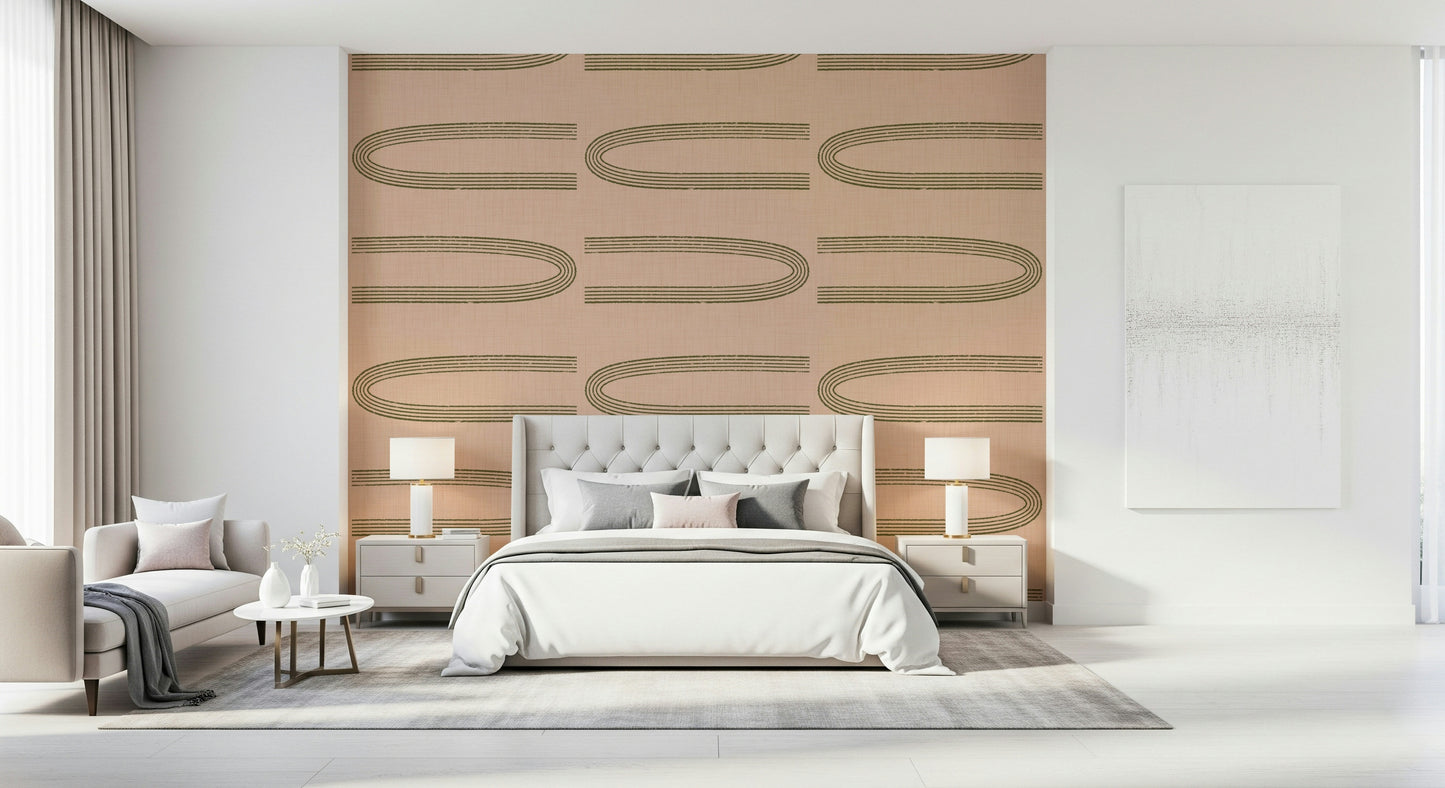 A peaceful retro geometric mural on decorative wallpaper.