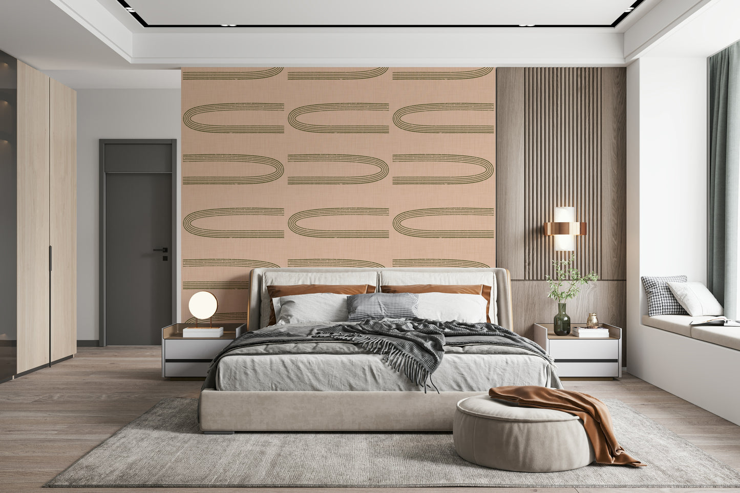 An artistic geometric arch mural on minimalist wallpaper.