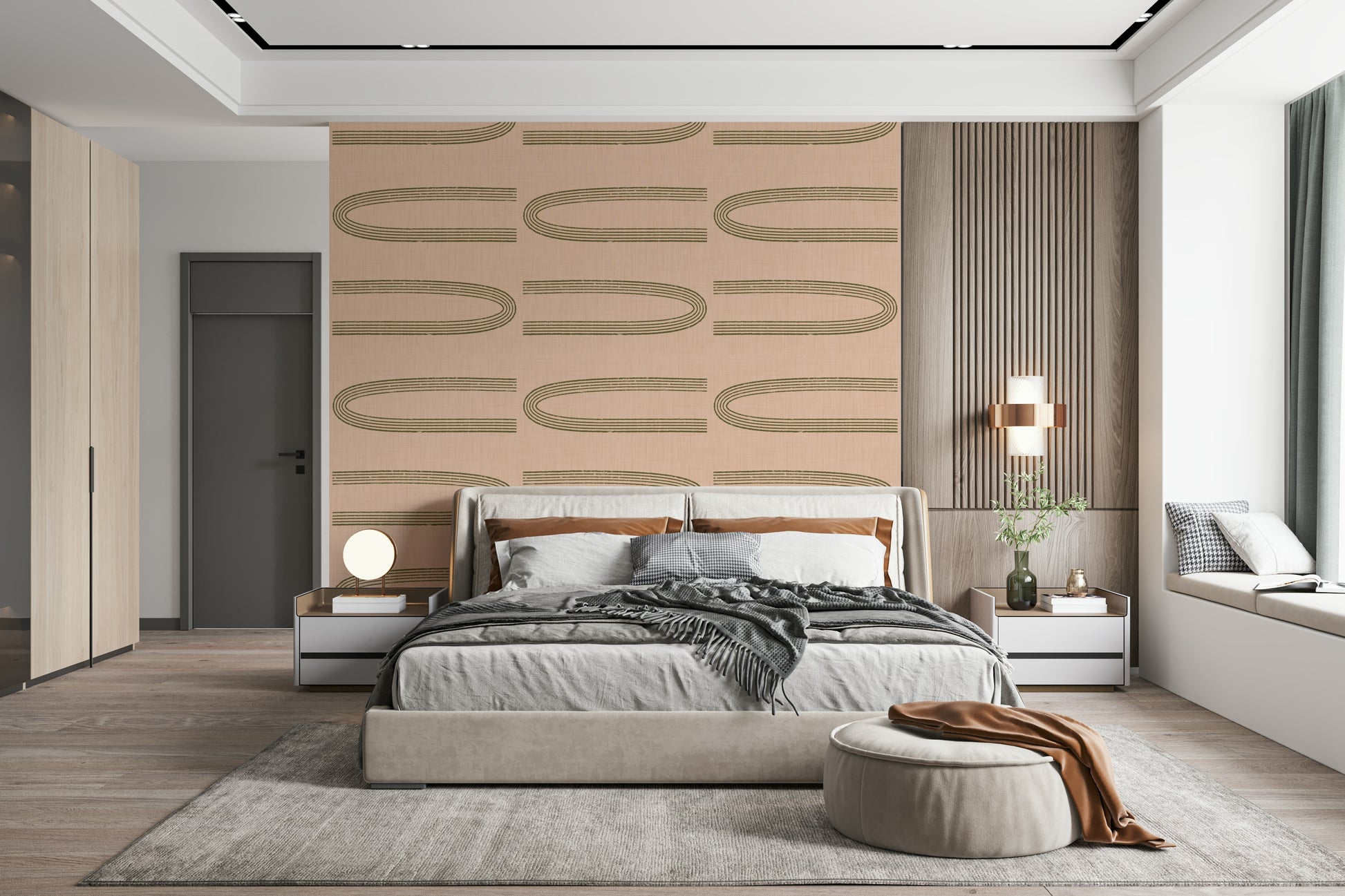 An artistic geometric arch mural on minimalist wallpaper.