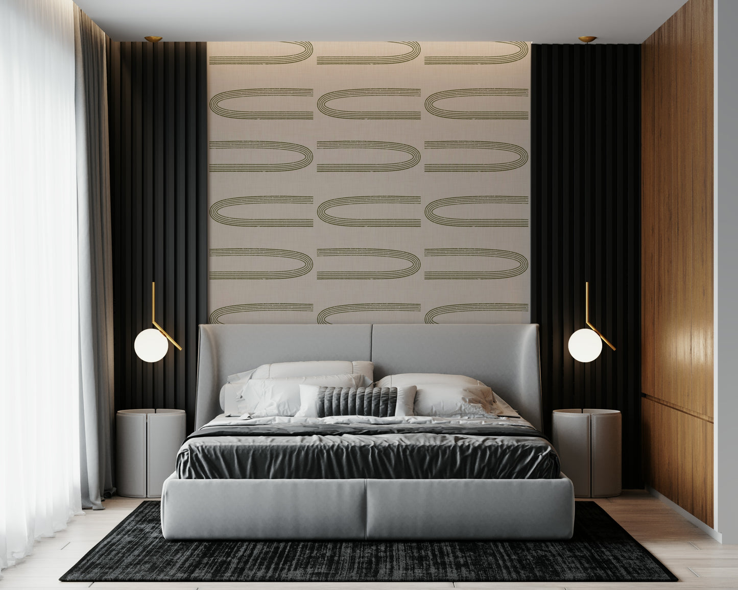A contemplative geometric design wallpaper mural for a feature wall.