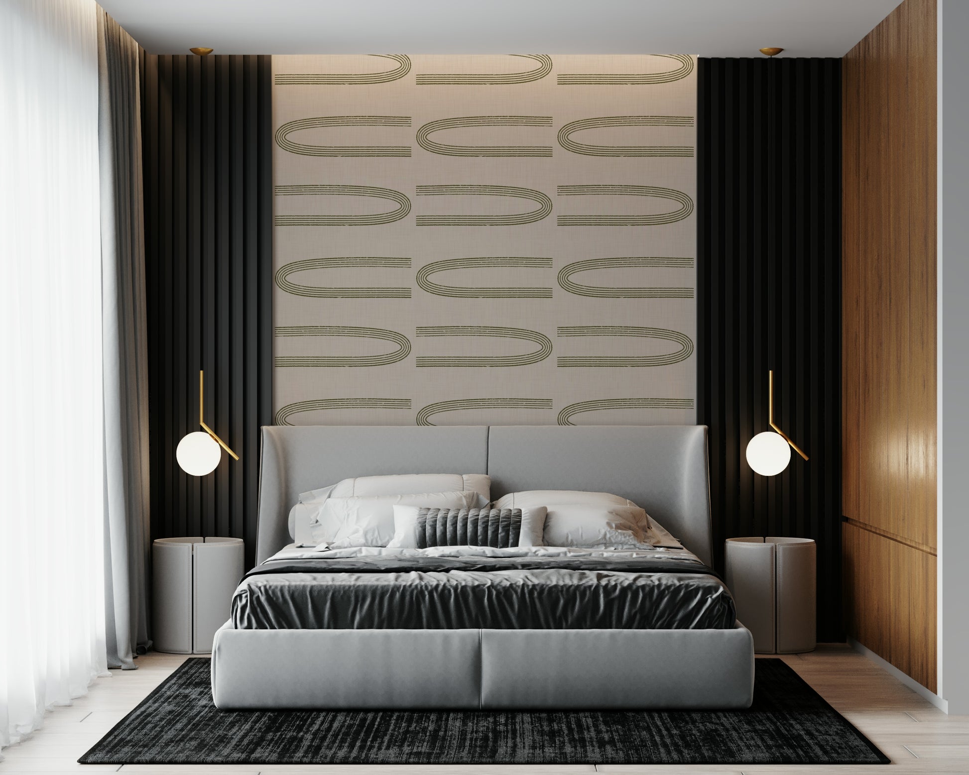A contemplative geometric design wallpaper mural for a feature wall.