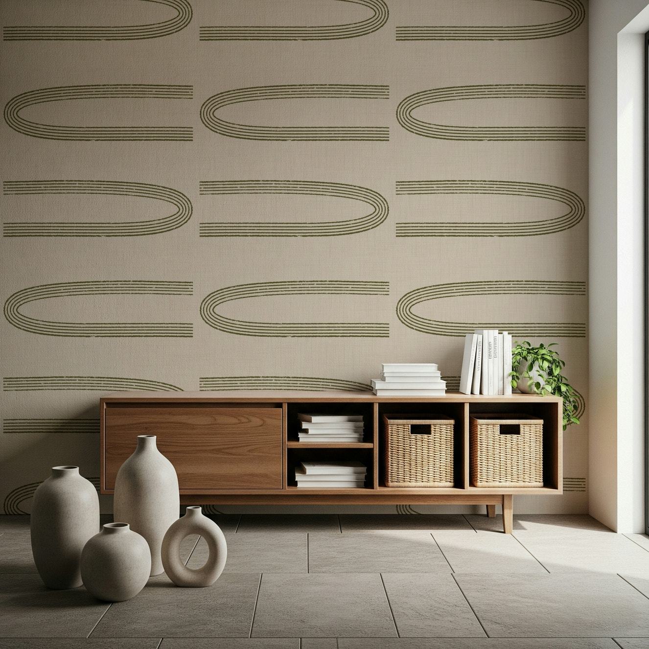 A beautiful retro arc wallpaper mural with geometric shapes in sage and olive tones.