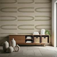 A beautiful retro arc wallpaper mural with geometric shapes in sage and olive tones.
