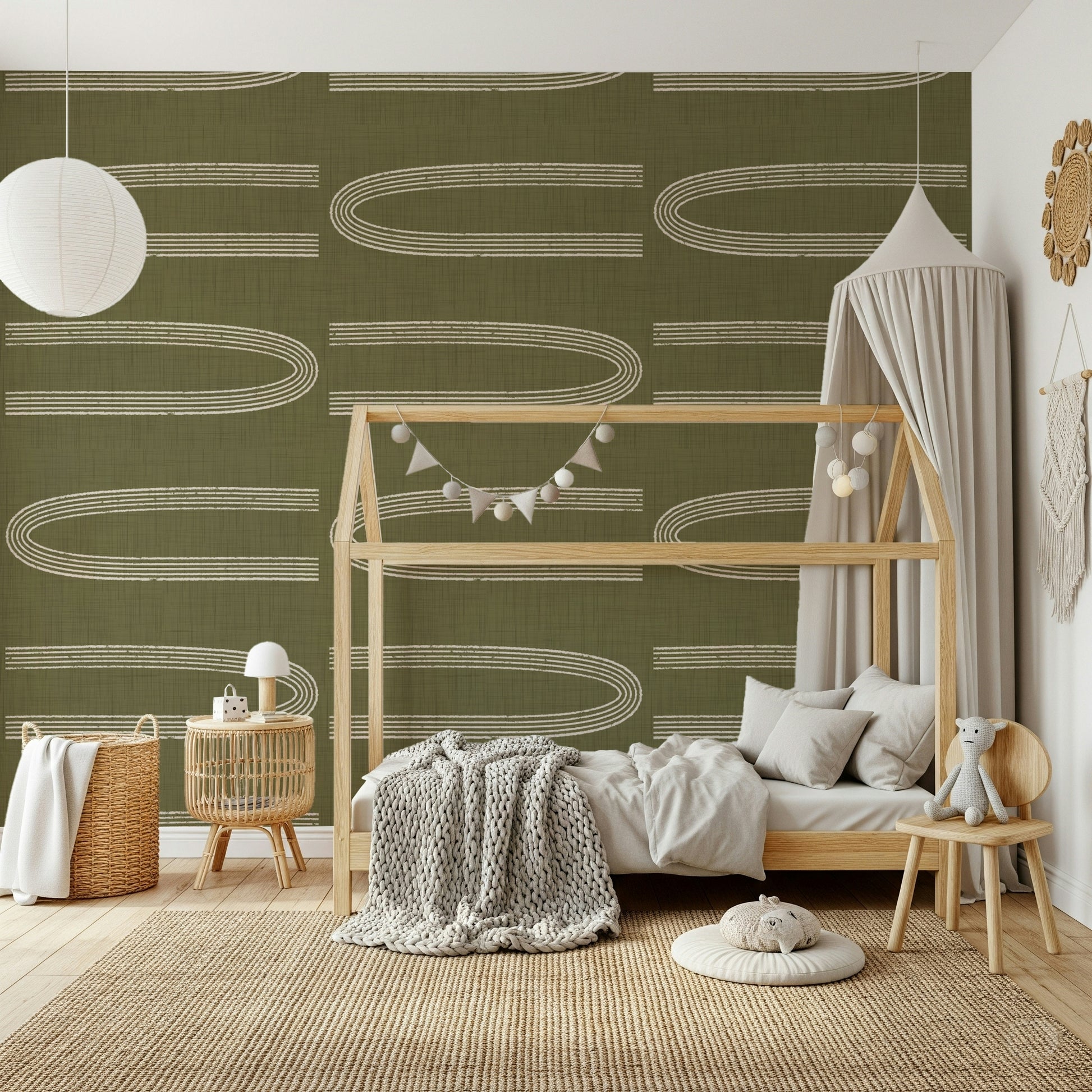 A beautiful retro arch lines wallpaper mural for a mid-century modern home.