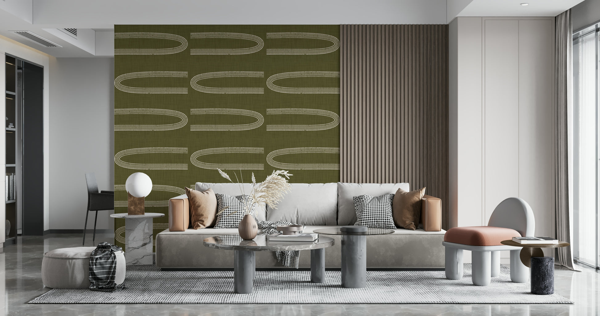 A calming abstract design wallpaper mural that defines a space.