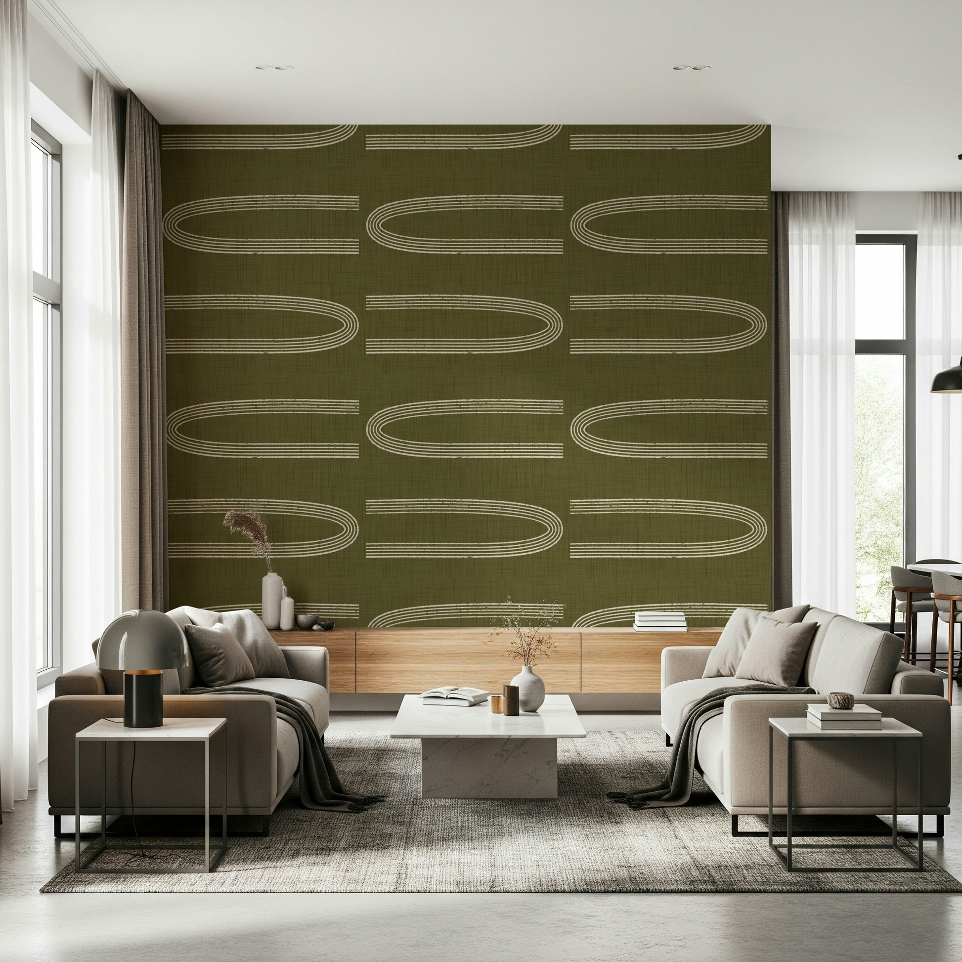 A serene abstract geometric wall mural in soft linen and olive tones.