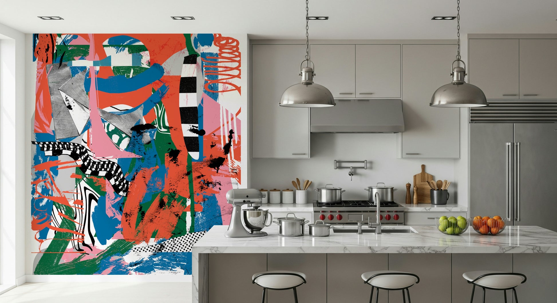 A calming abstract design wallpaper mural that defines a space.