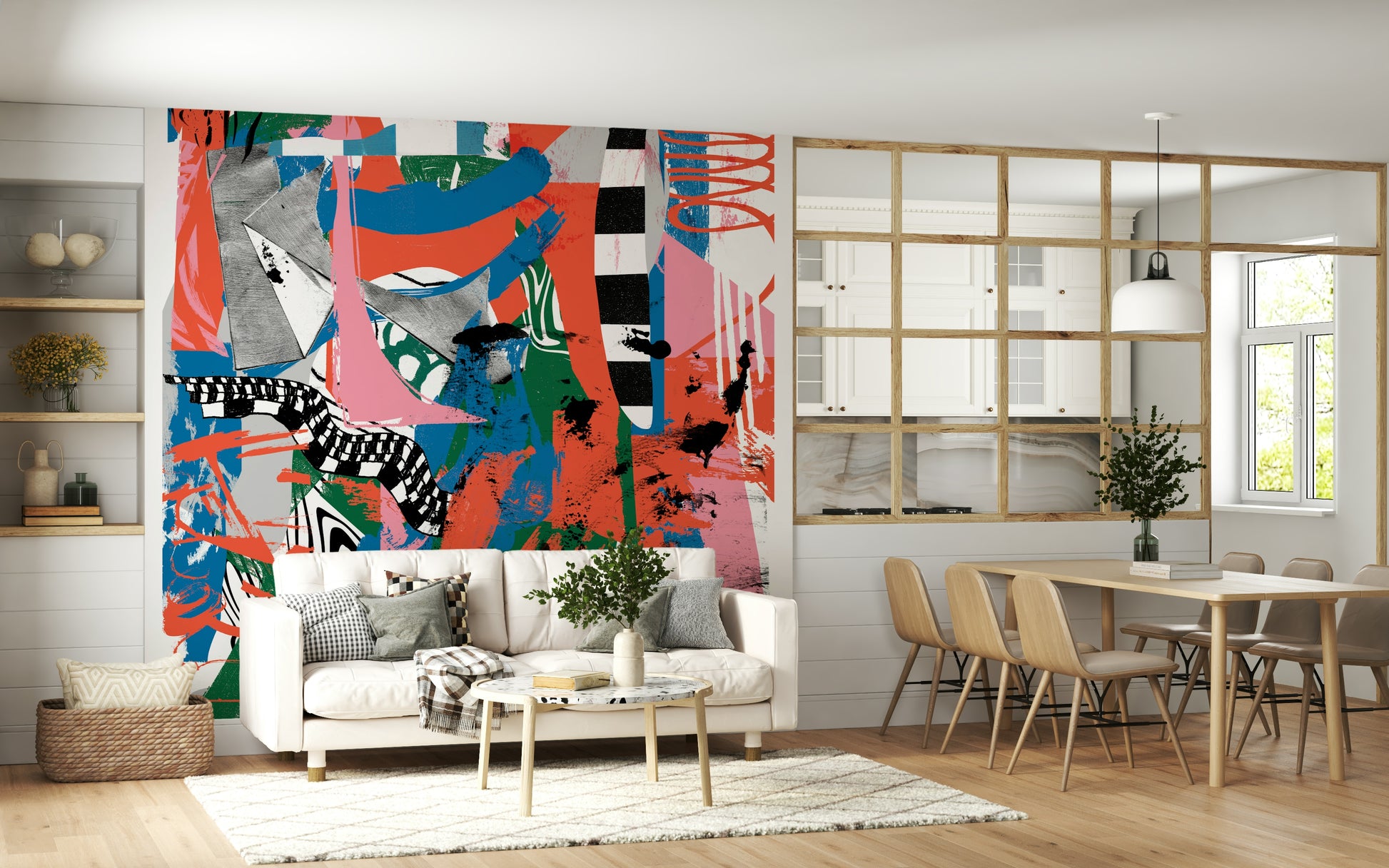 A peaceful modern abstract mural on decorative wallpaper.