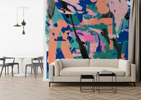 A peaceful modern abstract mural on decorative wallpaper.