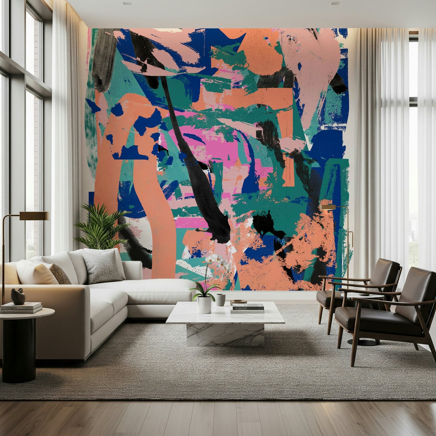An artistic minimalist form mural for home decor.