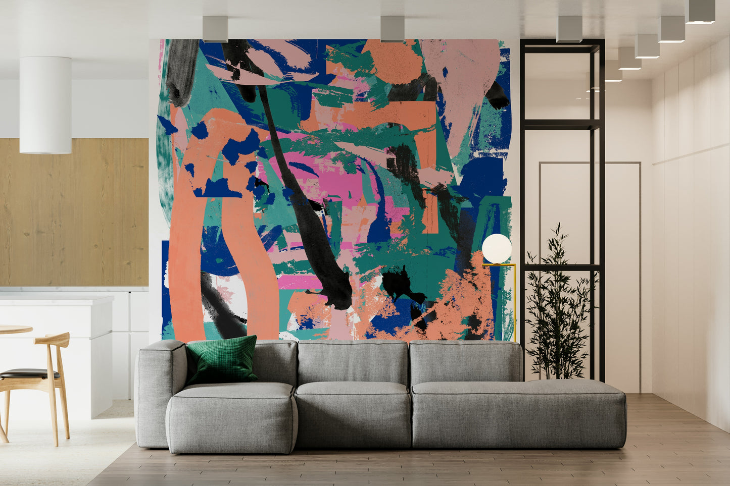 A calming abstract design wallpaper mural that defines a space.