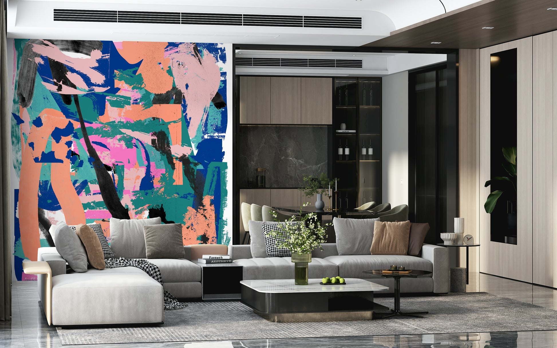 An artistic soft focus mural on minimalist wallpaper.