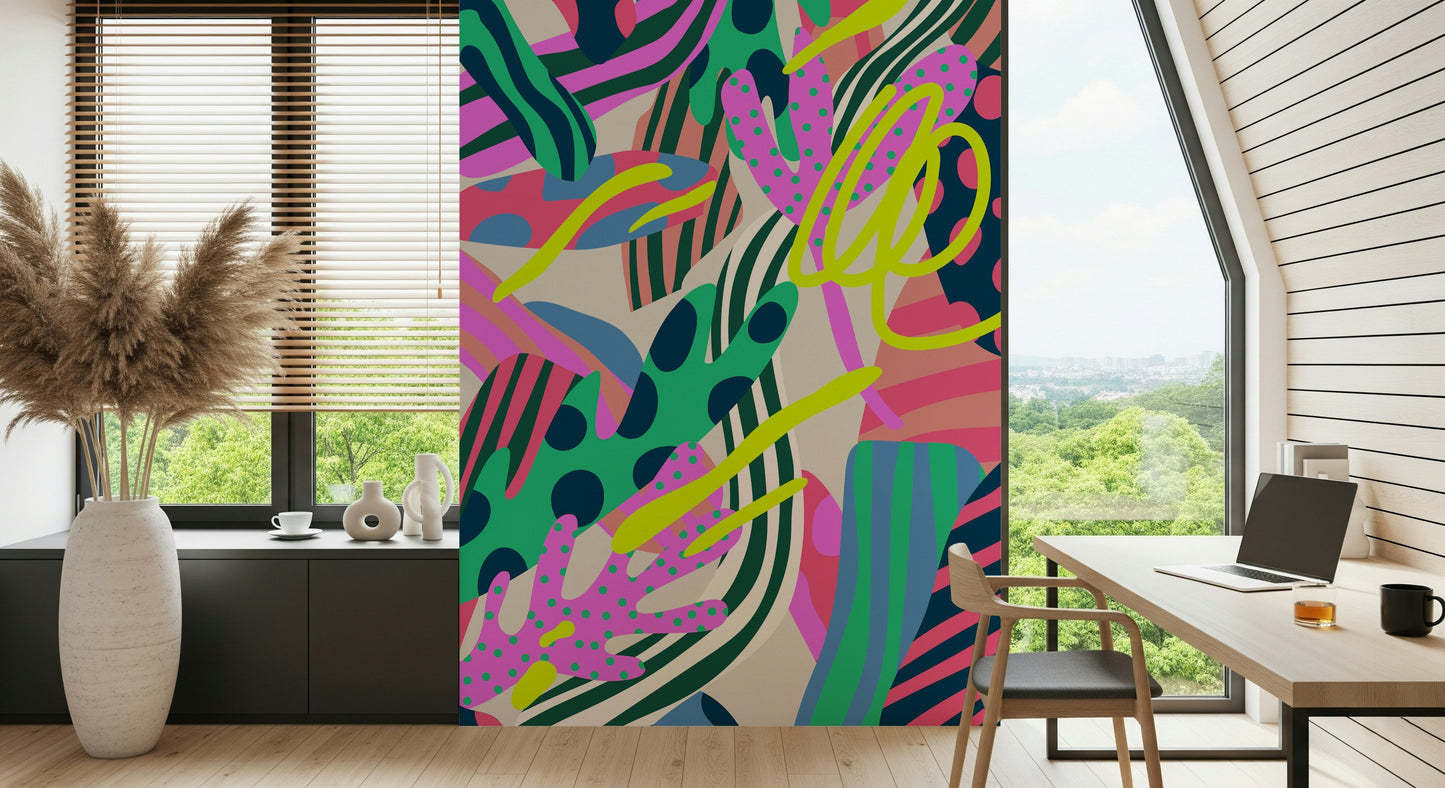 A peaceful geometric flower mural on decorative wallpaper.