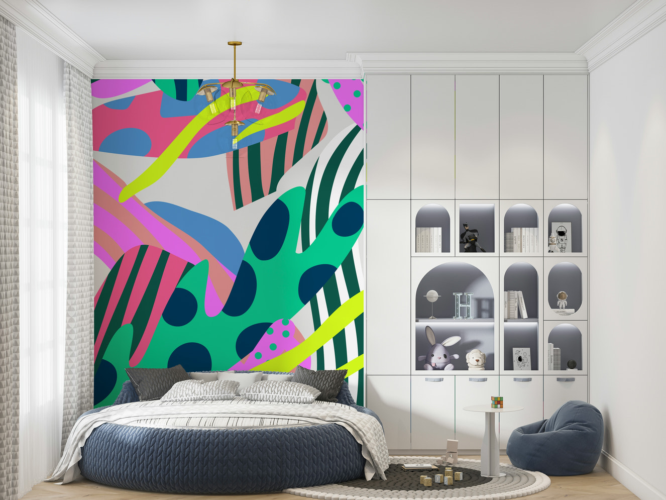 A beautiful bold floral wallpaper mural with an atomic, geometric pattern.