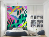 A beautiful bold floral wallpaper mural with an atomic, geometric pattern.