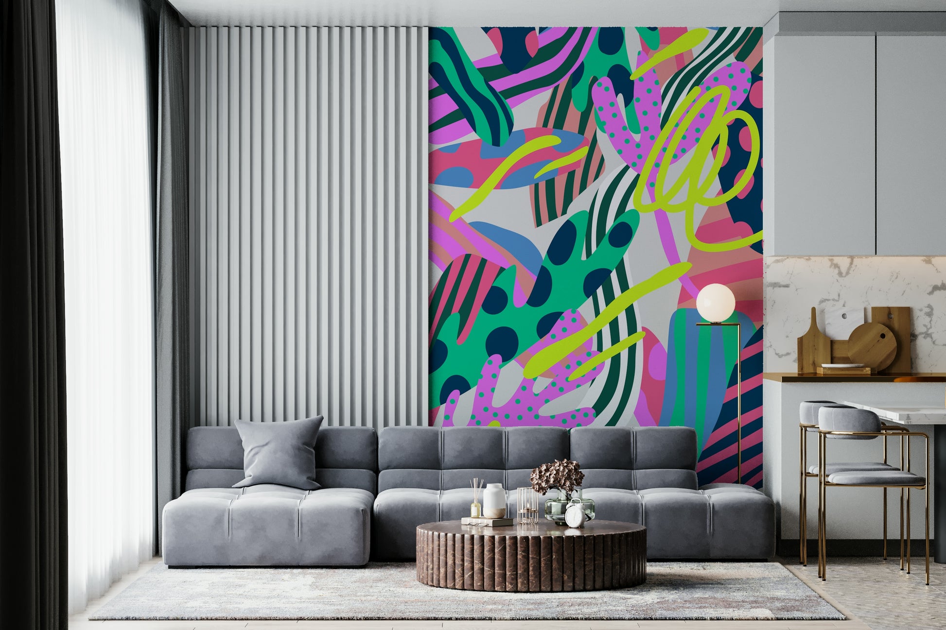 A graceful subtle flower wall mural in bright, retro tones.