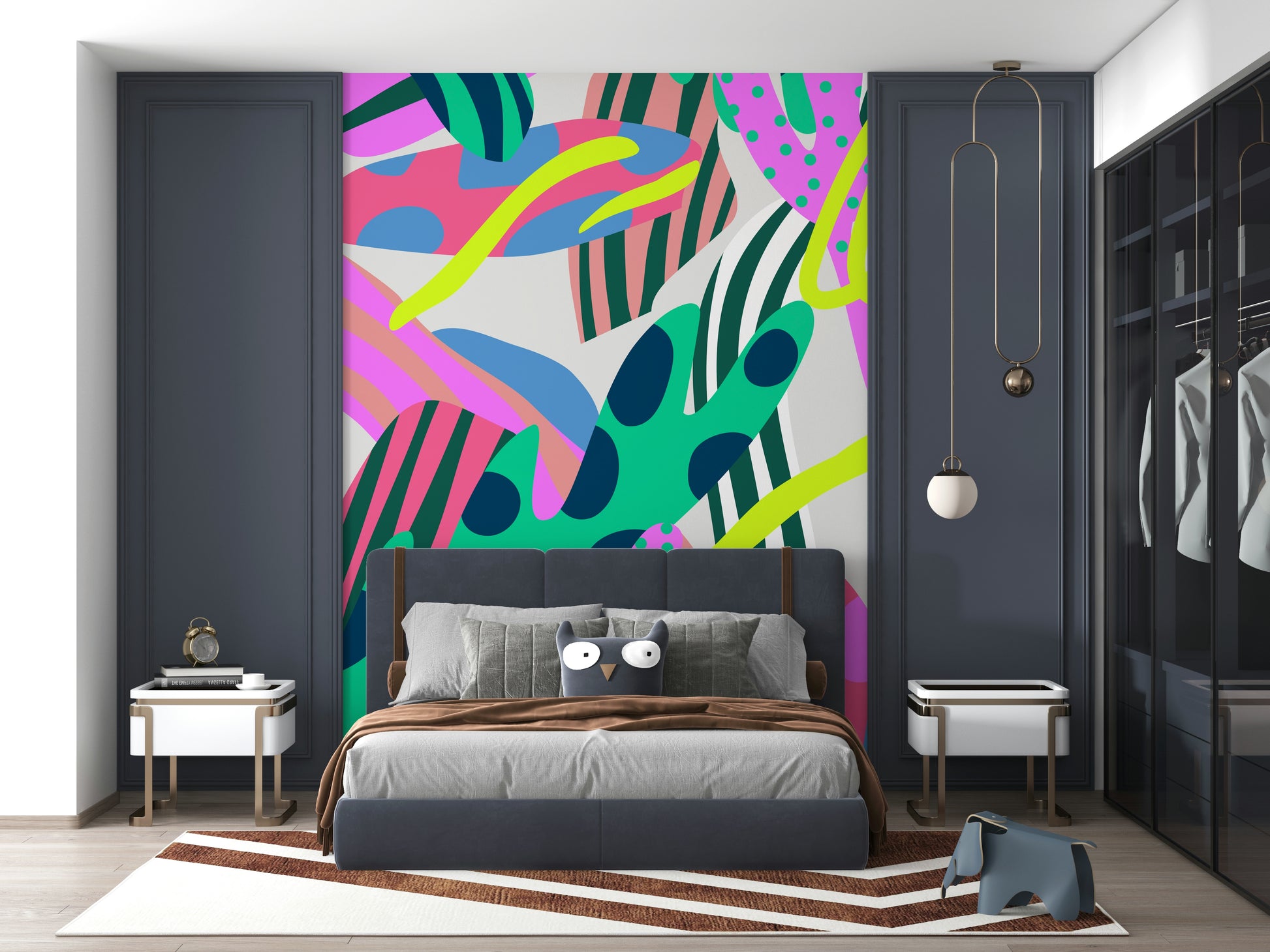 An artistic delicate bloom mural on minimalist wallpaper.